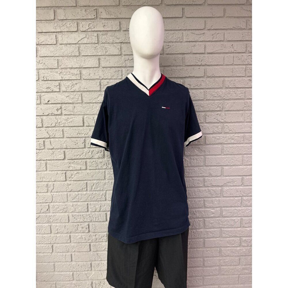 Tommy Hilfiger Men Navy V-Neck Short Sleeve Vintage T-Shirt Size XL